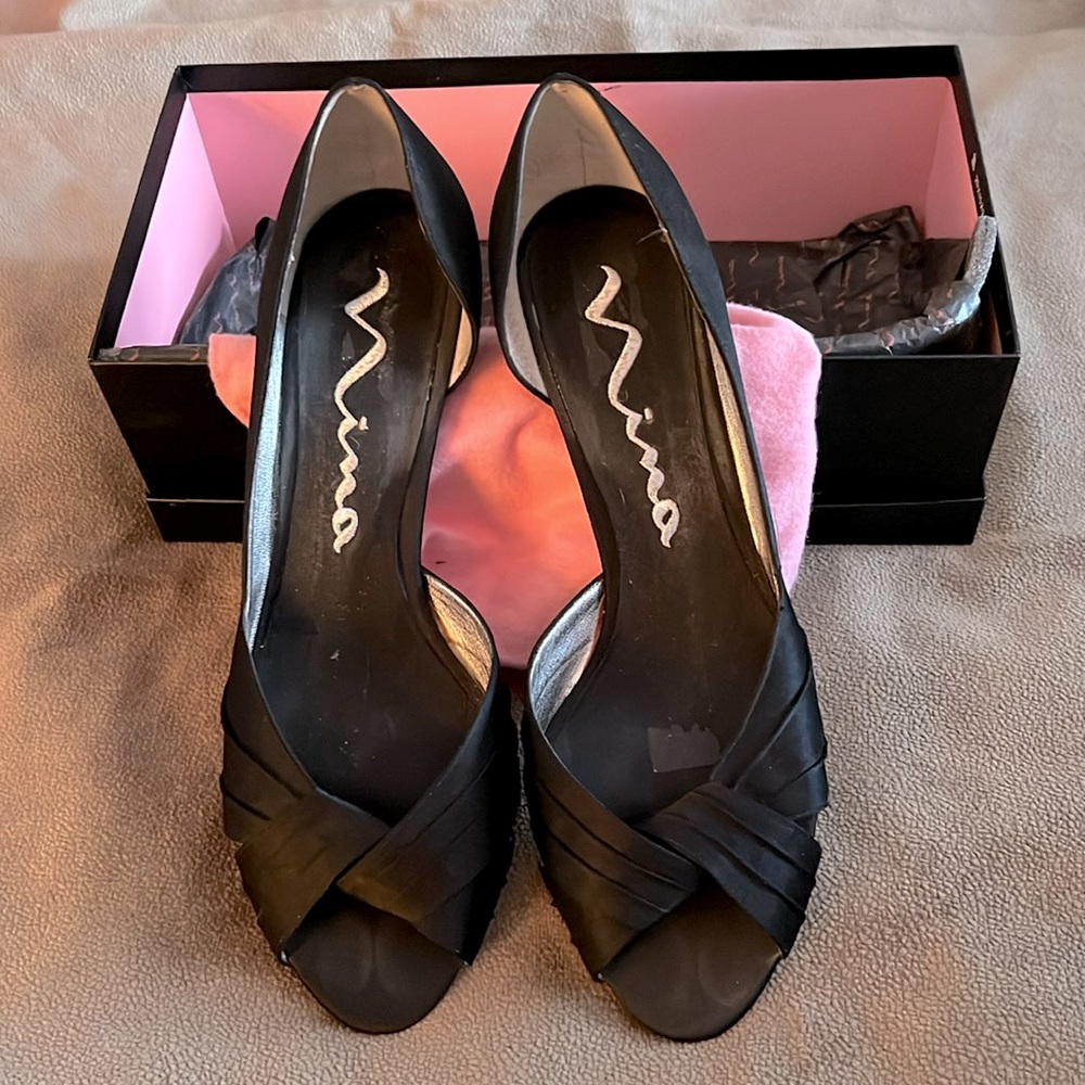 Nina Black Satin Peep Toe Heels